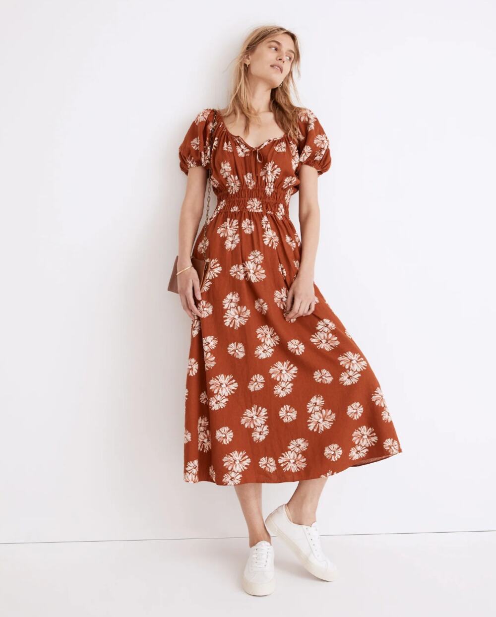 MADEWELL Linen-Blend Sophia Midi Dress Rusty Torch Sz XS $138 {H41}
